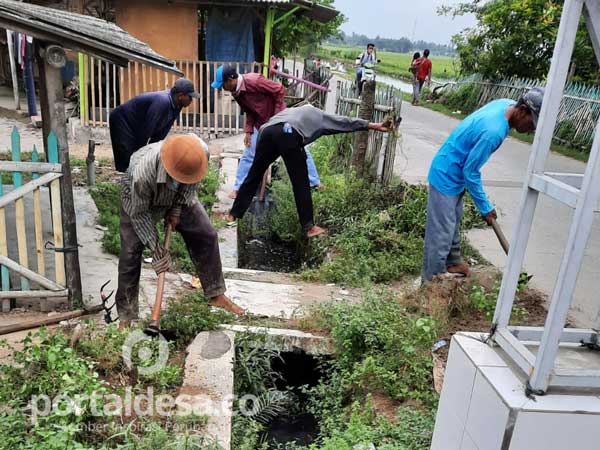 Sedia Payung Sebelum Hujan, Cegah DBD Perangkat Desa dan Warga Kayu Bongkok Bersihkan Saluran